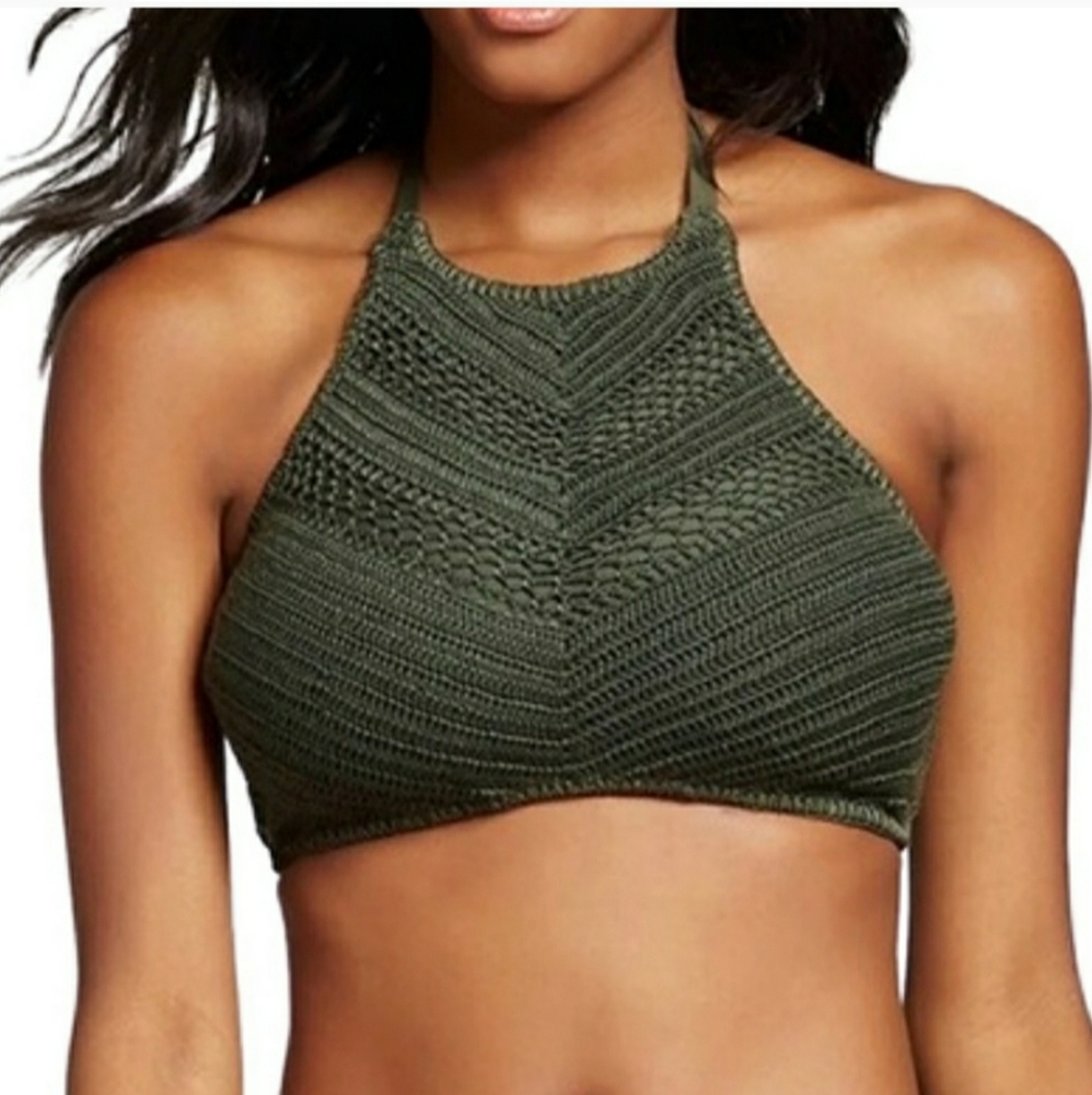 Crochet High Neck Halter Bikini Top Olive Green